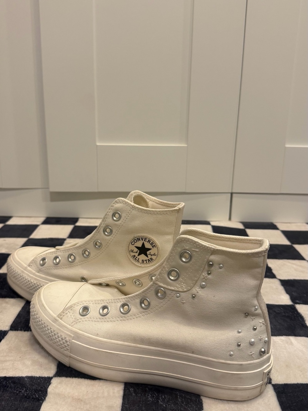Converse High Top Sneakers in Off-White with Silver Eyelets